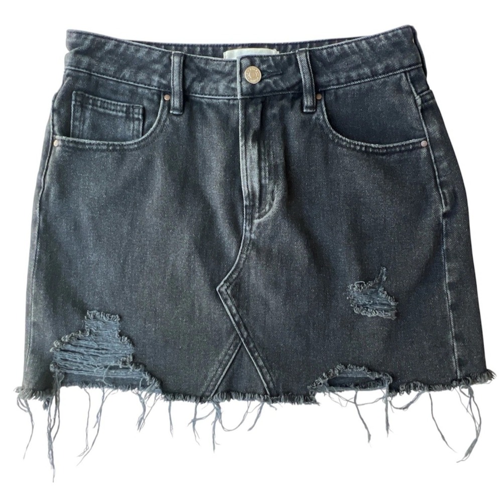 PacSun Mini Skirt Denim Womens 26 Black Distressed Y2K 90s Frayed Stretch Jean